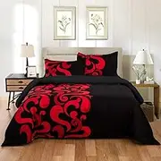 Ultra Soft Microfbire Quilt Doona Duvet Cover Set-Grandeur Red Black (King Single)