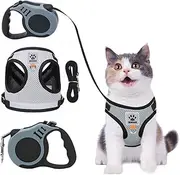 Hojalis Cat Harness and Lead Set, Escape Proof Kitten Harness with Leash, Reflective Adjustable Vest with 5m/16.4 Ft Automatic Telescopic Cat Leash for Small Pets Puppy Cats Walking Travel(Grey, M)