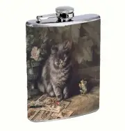 Vintage Illustration Cat and Frog Hip Flask 8oz Stainless Steel