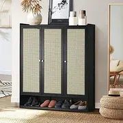 Oikiture Shoe Cabinet Storage Wood Rack Shelf with 3 Rattan Doors