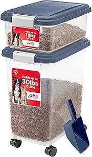 IRIS USA 3-Piece 35 Lbs / 45 Qt WeatherPro Airtight Pet Food Storage Container Combo with Scoop and Treat Box for Dog Cat and Bird Food, Keep Pests Out, Translucent Body, Easy Mobility, Navy