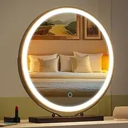 ZKIODV Round Vanity Makeup Mirror with Light, 48 x 52 CM Lighted Desk Mirror with Dimmable 3 Color Lights, Large Circle LED Mirror, 360° Light Up Desk Mirror for Dresser, Tabletop, Bedroom, Black