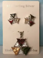 925 STERLING SILVER EARRINGS & PENDANT SET CZ STONES RED GARNET GREEN EMERALD