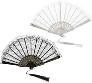 Alipis 2pcs Lace Hand Fans with Tassel Elegant Lace Folding Fans Handheld Folding Fans