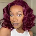 99J Burgundy Bob Wig Human Hair 5×6 Frontal Lace Wig Glueless Pre Plucked wit...