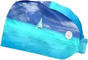 [WOSHJIUK] Working Hat 2 Pack Scrub Caps for Women,Tropical Landscape Ocean,Tie Back Cap Adjustable Scrub Hat