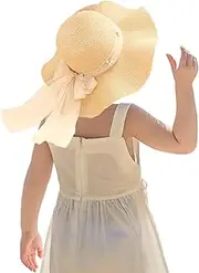 [XolngYYeng] Kids Girl Summer Straw Hat Foldable Wide Brim Cap Sun Visor Hats Sun Protection Beach Hats Bowknot Floppy Cap