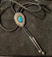Vintage Navajo Sterling Silver Shadow Box Turquoise Stone Bolo Tie