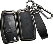 ontto Alloy Car Key fob Cover Fit for Ford Focus 2 MK2 Fiesta Mondeo Galaxy Falcon Territory Ecosport 3 Buttons smart leather Key case keyring Key Shell holder bag keychian