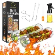 2 PCS Rolling Grill Baskets - Stainless Steel BBQ Grill Mesh, 2 Sizes for Fis...