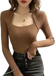 XUGYAO Ladies Sweater Women Sweater Pullover Long Sleeve Top Square Collar Casual Women's Jumper Knitted Sweater Women Pullover Tops Khaki