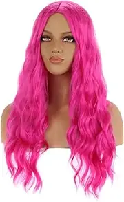 BERON Hot Pink Wig Long Curly Wig Hot Pink Wavy Wigs for Women Daily Party Cosplay with Hairnet