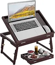 Bed Tray Table with Folding Legs,Adjustable Bamboo Serving Tray,Bamboo Breakfast in Bed for TV Table,Eating,Snack Tray(Jujube red) Large Size