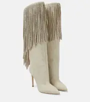[Paris Texas] Paris Texas Fringed embellished suede knee-high boots AU 4.5 beige