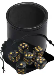 (6) Pearlized Dice Black w/Gold Pips + Pouch + PU Leather Black Felt Lined Cup