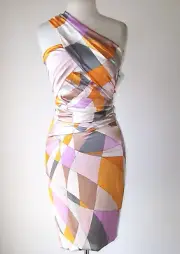 EMILIO PUCCI Multi Color Silk Print One Shoulder Dress 42 6