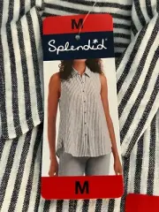 Splendid Women's Medium Blue White Striped Sleeveless Linen Rayon Button Top