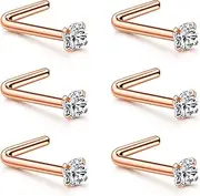 [UBGICIG] 6 Pcs Nose Studs –20g L-Shaped Surgical Steel Nose Ring Studs Nostril CZ Piercing Jewelry Gold for Women 2mm Style Three, Stainless Steel, no gemstone