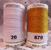 NEW White & Gold Yellow GUTERMANN 100% polyester thread 547 yards Spools