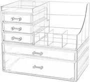 Clear Makeup Organizer With Drawers,Stackable Cosmetic Storage Display Case for Vanity,Bathroom Counter or Dresser,Countertop Holder for Lipstick,Brushes,Lotions,Eyeshadow,Nail Polish and Jewelry
