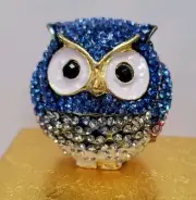 Owl Bejeweled Hinged Miniature Trinket Box Handmade Pewter Enamel Jewelry Rings