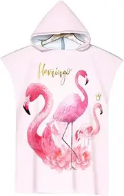 Queenshin Oversized Pink Flamingo Beach Towels with Hood, Microfibre Poncho Towels, Fitness Towel, Sauna Towel, Bath Towel for Women, 75 x 110 cm