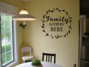FAMILY GATHERS HERE VINYL WALL QUOTE DECAL VINYL WORDS HOME LETTERING
