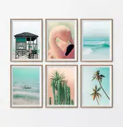 Set of 6 Coastal Beach Palm Tree Flemingo Relax View Matching Wall Art Print.