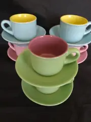 12 pc Contemporary Colorful Espresso Coffee Cup Set. 6 Cups, 6 Saucers. 4OZ