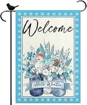 Hello Winter Garden Flag Burlap Small Vertical 12x18 Inch Snowflakes Snow Garden Yard Blooming Flowers Glass Mason Jar Garden Flag for Winter Christmas Seasonal Outside Outdoor House Decor