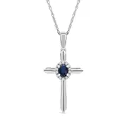 Oval Blue Sapphire and 0.05 CT. T.W. Natural Diamond Frame Layered Cross Pendant in 10K White Gold