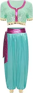 [Yihuimin] Womens Short Sleeve Sequin Crop Top with Satin Bloomers Belly Dance Costume for Halloween Party
