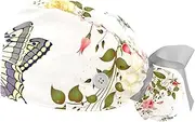 [WOSHJIUK] Working Hat 2 Pack Scrub Caps for Women,Vintage Leaf Roses and Butterfly,Tie Back Cap Adjustable Scrub Hat