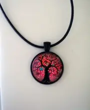 Tree of Life Pendant, Black Leather Necklace, Dark Pink tones