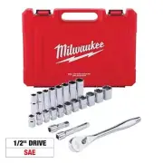 Milwaukee Ratchet/Socket Mechanics Set 1/2" Drive Deep SAE w/ Case (22-Piece)