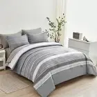 7 Piece Bed in a Bag Stripe Comforter Set Queen Size, White Grey Patchwork