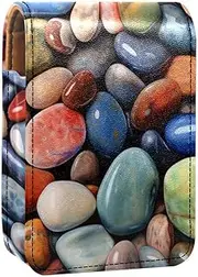 Travel Lipstick Organizer Case,Lipstick Case Portable Makeup Bag with Mirror,Beach Colorful Stones
