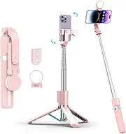 Rechargeable Bluetooth Selfie Stick with Remote and Light, Cell Phone Tripod – Essential for Photography, Travel, and Home Entertainment – Capture Your Moments with Ease - Pink