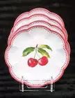 4pc Red Cherries Green Stem White Melamine Dinner Plates 11" Dots Scalloped Edge