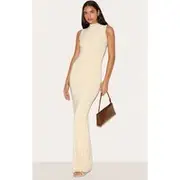 Tall Almond Double Layer High Neck Sleeveless Maxi Dress, Almond