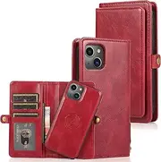 Cavor for iPhone 14 Wallet Case,2 in 1 Magnetic Detachable Case Leather Flip Cover with Stand Feature & Card Slots & Wristlet Strap (6.1")-Red