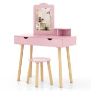 Costway Vanity Table Dressing Table Chair Set Princess Pretend Playset w/Mirror Bedroom Furniture Pink