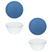 Pyrex (2) 7402 Sculpted Glass Mixing Bowls and (2) 7402-PC Blue Cornflower Lids