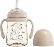 UBMOM No-Spill, Backflow Prevention Sippy Cup with Straw, PPSU Learner Cup with Handle for Baby and Toddlers, BPA Free, 6.76oz (Dino ver.) (Brown)