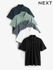 Navy/Brown/Grey/White/Sage Green Regular Fit Short Sleeve Jersey Polo Shirts 5 Pack (E06991) | $106