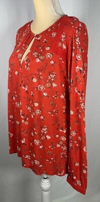 Lucky Brand Women Blouse Shirt Tunic Top Small Long Sleeve Keyhole Peasant Red