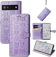Compatible with Google Pixel 6a 5G 2022 Shockproof Cat Dog Pattern Leather Case Magnetic Flip Back Cover Credit Card Holder Slot Kickstand Wallet Case for Google Pixel 6a