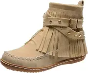 [JEUROT] Women's Fringe Ankle Boots Suede Round Toe Flat Heel Tassel Boots Retro Buckle Western Short Boot Shoes with Side Zip