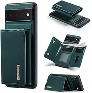 Yidai-Silu Google Pixel 6A PU Leather Case 【2in1 Design, Kickstand Function】 Detachable Magnetic Wallet Card Holder Case TPU Shockproof Back Cover for Google Pixel 6A - Green