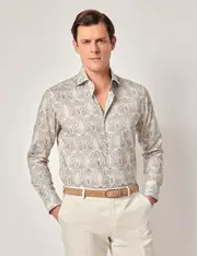 Hawes & Curtis Beige & Blue Paisley Slim Curtis Shirt | High Collar Size: XS